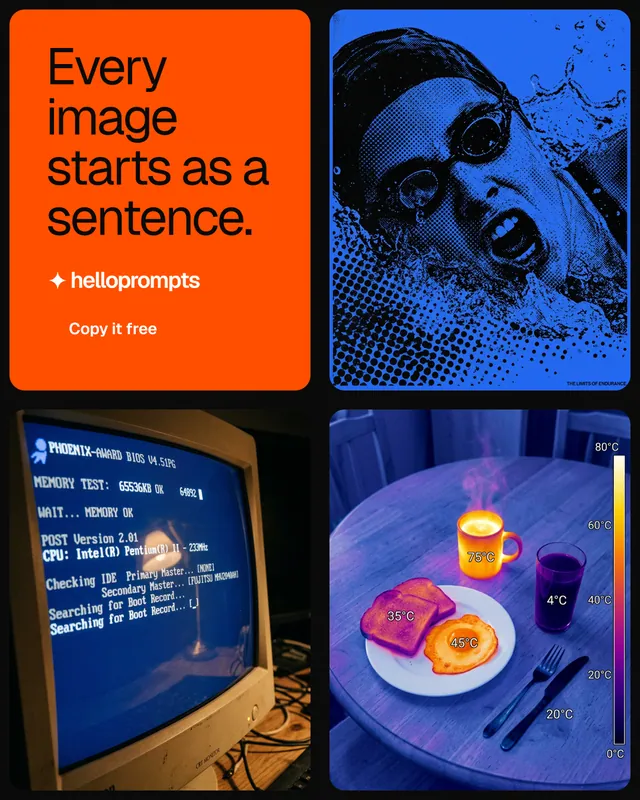 Instagram portrait post for HelloPrompts: "Every image starts as a sentence." Y2K style, collage layout, dark palette in blue, red, black.