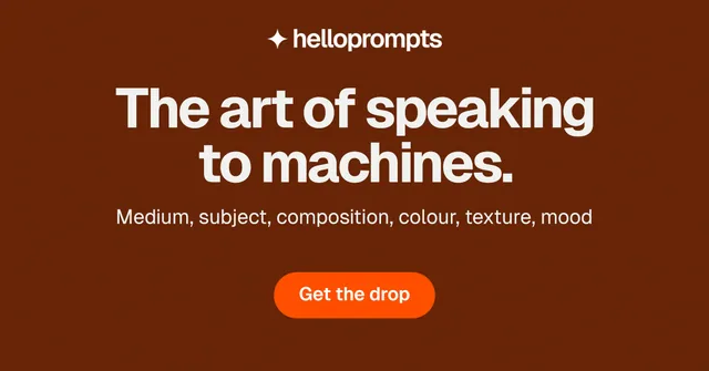 Social ad for HelloPrompts: "The art of speaking to machines." Y2K style, centred layout, dark palette in orange, brown.