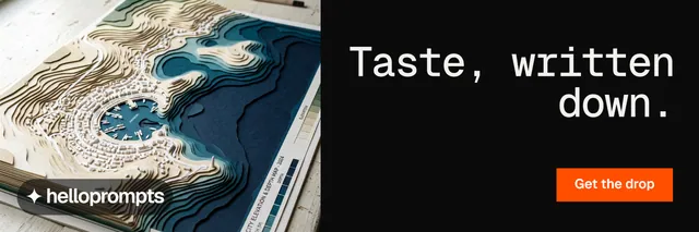 X header for HelloPrompts: "Taste, written down." Split block style, right layout, dark palette in black, grey.
