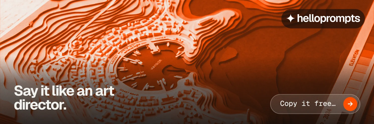 X header for HelloPrompts: "Say it like an art director." Agentic glass style, image led layout, dark palette in orange, brown.