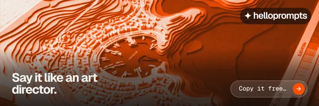 X header for HelloPrompts: "Say it like an art director." Agentic glass style, image led layout, dark palette in orange, brown.