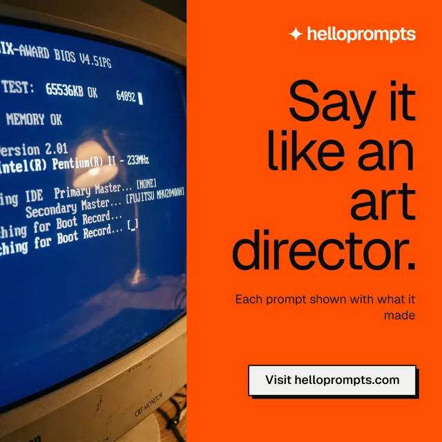 Instagram post for HelloPrompts: "Say it like an art director." Brutalist style, right layout, dark palette in orange, blue, brown.