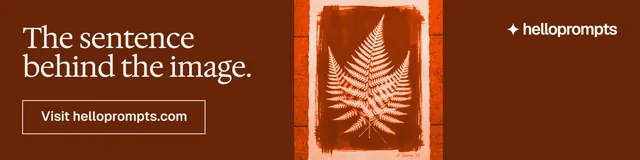 LinkedIn banner for HelloPrompts: "The sentence behind the image." Editorial style, skeleton layout, dark palette in orange, brown.