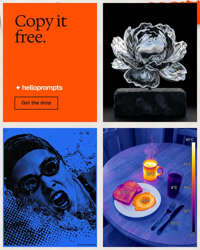 Instagram portrait post for HelloPrompts: "Copy it free." Editorial style, collage layout, dark palette in black, red, blue.