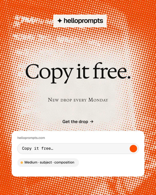 Instagram portrait post for HelloPrompts: "Copy it free." Swiss style, smallcaps layout, light palette in orange, white.