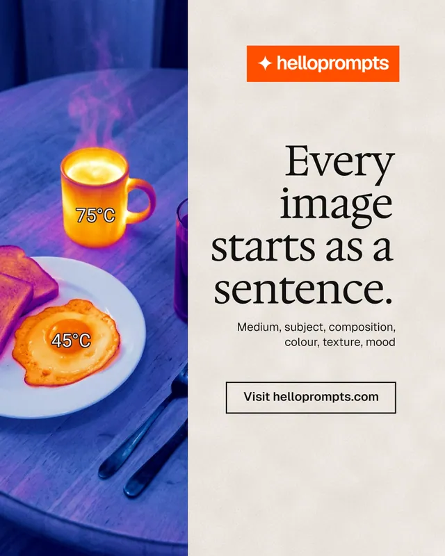 Instagram portrait post for HelloPrompts: "Every image starts as a sentence." Editorial style, right layout, light palette in blue, orange, grey.