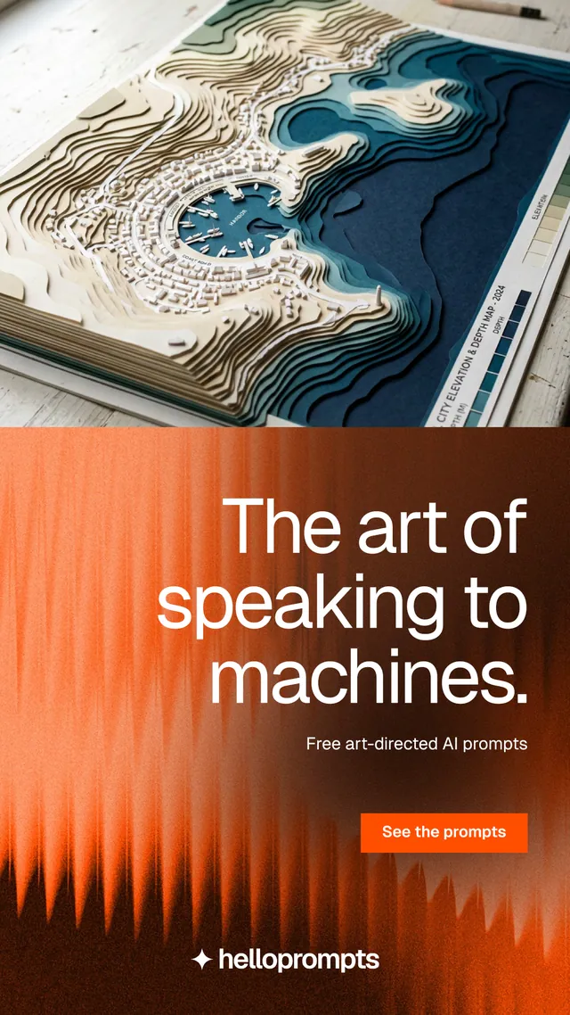 Instagram story for HelloPrompts: "The art of speaking to machines." Swiss style, right layout, light palette in black, orange, grey.