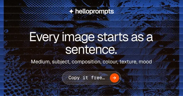 Social ad for HelloPrompts: "Every image starts as a sentence." Agentic glass style, skeleton layout, dark palette in black, blue, grey.