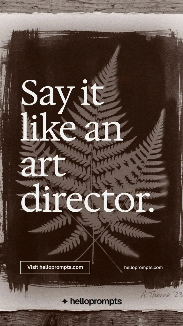 Instagram story for HelloPrompts: "Say it like an art director." Editorial style, poster layout, dark palette in black, grey, orange.
