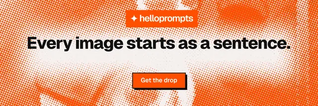 X header for HelloPrompts: "Every image starts as a sentence." Brutalist style, centred layout, light palette in orange.