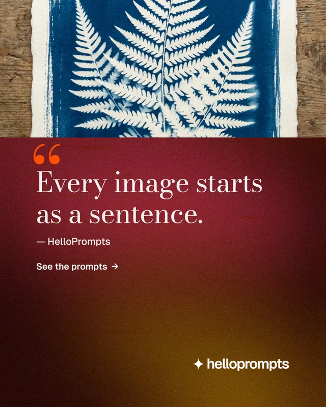 Instagram portrait post for HelloPrompts: "Every image starts as a sentence." Minimal luxury style, quote layout, dark palette in red, grey, orange.