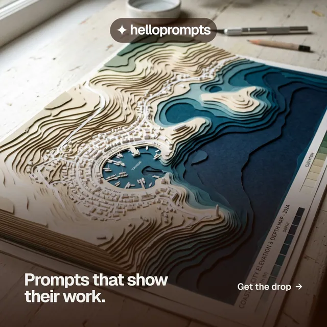 Instagram post for HelloPrompts: "Prompts that show their work." Swiss style, image led layout, light palette in black, grey, white.