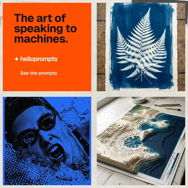 Instagram post for HelloPrompts: "The art of speaking to machines." Swiss style, collage layout, light palette in blue, orange, grey.