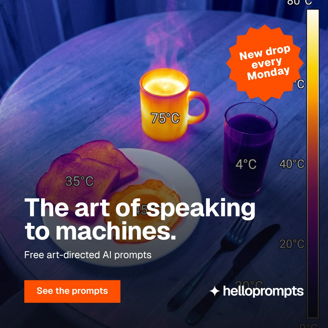 Instagram post for HelloPrompts: "The art of speaking to machines." Swiss style, sticker layout, dark palette in blue, purple, orange.