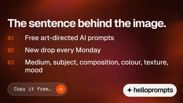 Landscape graphic for HelloPrompts: "The sentence behind the image." Agentic glass style, numbered layout, dark palette in red, black, grey.