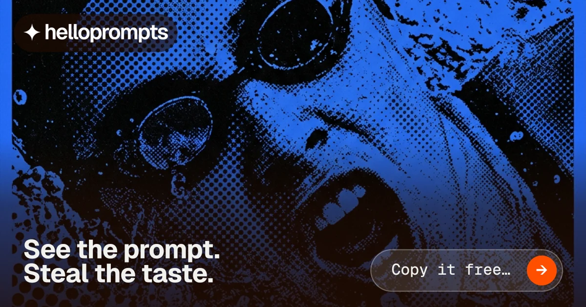 Social ad for HelloPrompts: "See the prompt. Steal the taste." Agentic glass style, image led layout, dark palette in black, blue.