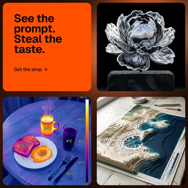 Instagram post for HelloPrompts: "See the prompt. Steal the taste." Agentic glass style, collage layout, dark palette in black, grey, red.