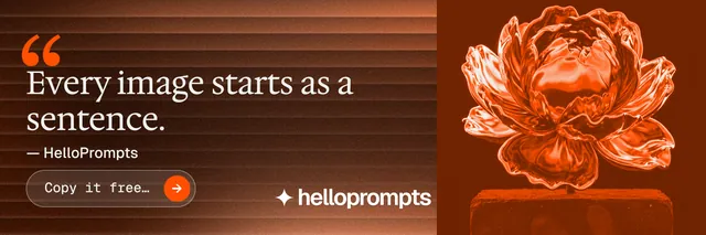 X header for HelloPrompts: "Copy it free." Agentic glass style, quote layout, dark palette in orange, brown.