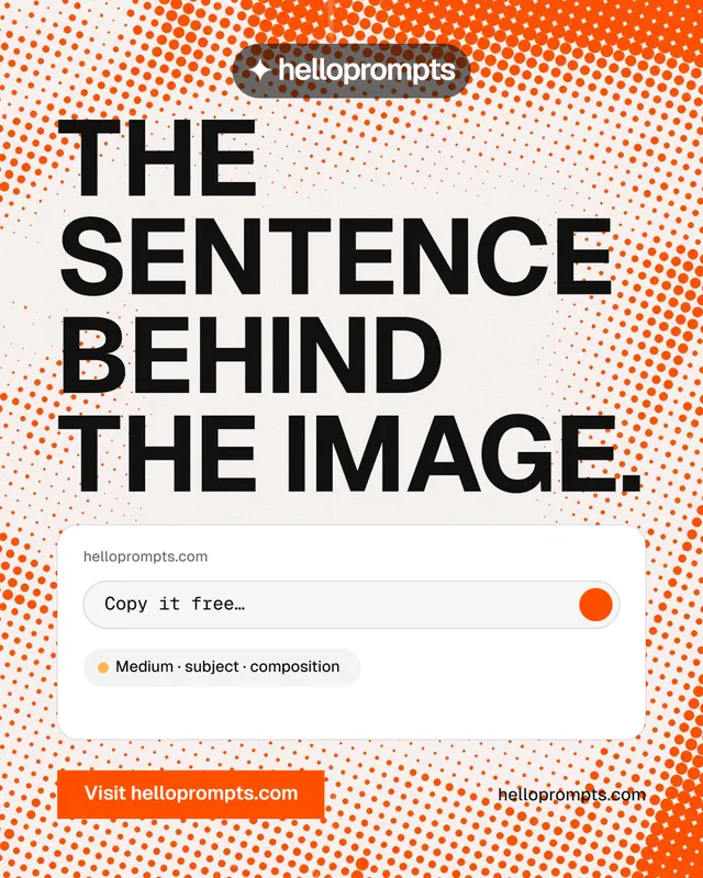 Instagram portrait post for HelloPrompts: "The sentence behind the image." Retro print style, poster layout, light palette in orange, brown, white.