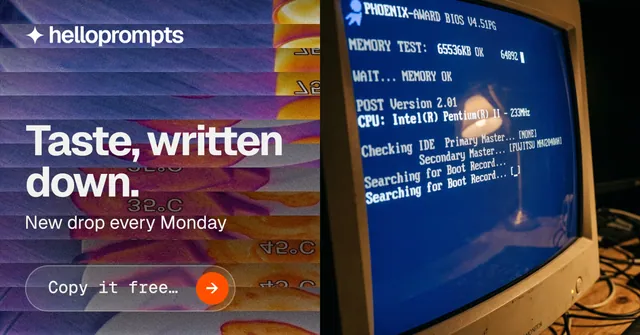Social ad for HelloPrompts: "Taste, written down." Agentic glass style, bottom layout, dark palette in blue, grey, pink.