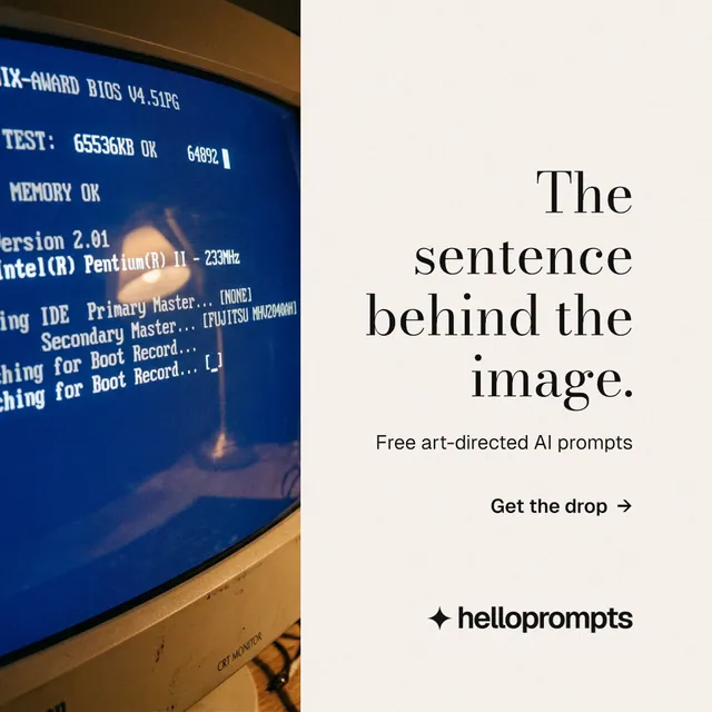 Instagram post for HelloPrompts: "The sentence behind the image." Minimal luxury style, right layout, light palette in white, blue, grey.