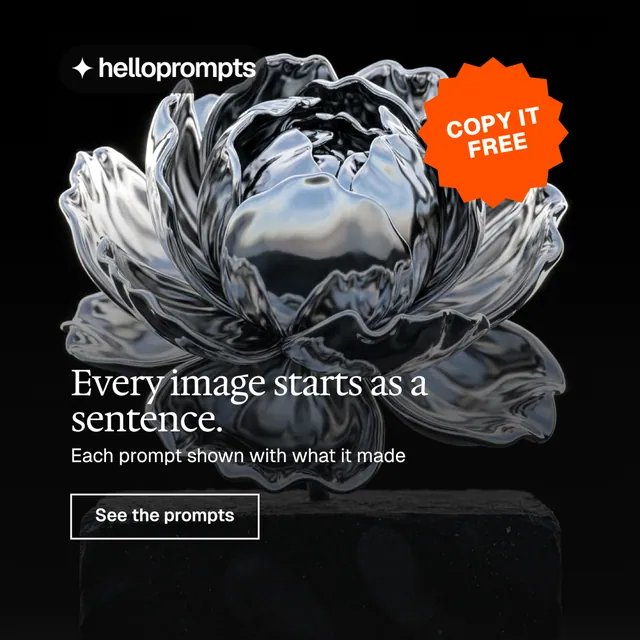 Instagram post for HelloPrompts: "Every image starts as a sentence." Editorial style, sticker layout, dark palette in black, grey.
