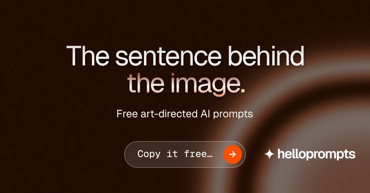 Social ad for HelloPrompts: "The sentence behind the image." Agentic glass style, centred layout, dark palette in black, grey, orange.