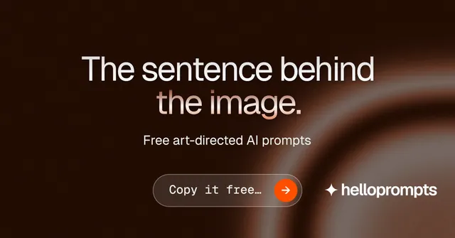 Social ad for HelloPrompts: "The sentence behind the image." Agentic glass style, centred layout, dark palette in black, grey, orange.