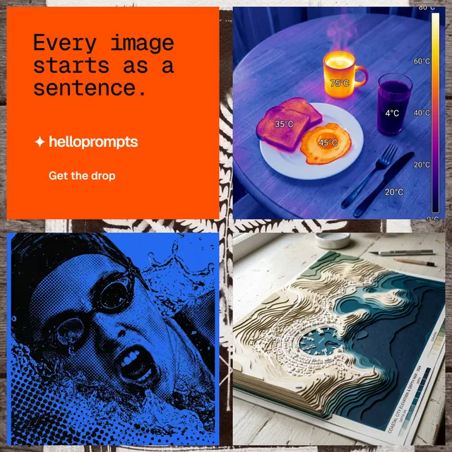 Instagram post for HelloPrompts: "Every image starts as a sentence." Swiss style, collage layout, dark palette in blue, red, grey.