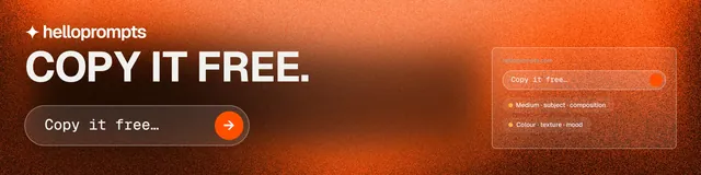 LinkedIn banner for HelloPrompts: "Copy it free." Agentic glass style, skeleton layout, dark palette in orange.