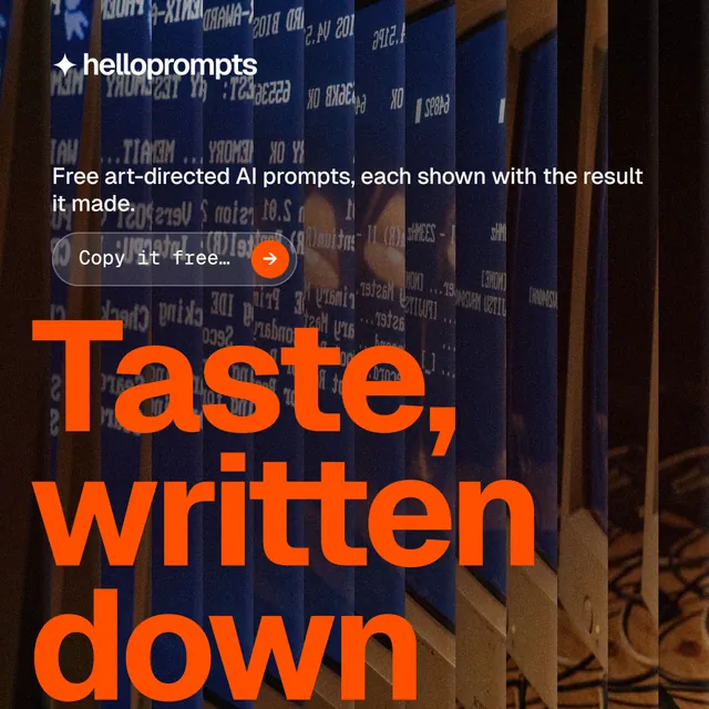 Instagram post for HelloPrompts: "See the prompt. Steal the taste." Agentic glass style, oversized layout, dark palette in black, red, orange.