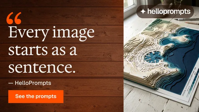 Landscape graphic for HelloPrompts: "The art of speaking to machines." Swiss style, quote layout, dark palette in orange, brown, grey.
