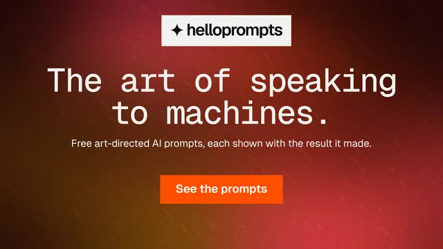 Landscape graphic for HelloPrompts: "The art of speaking to machines." Swiss style, centred layout, dark palette in orange, red.