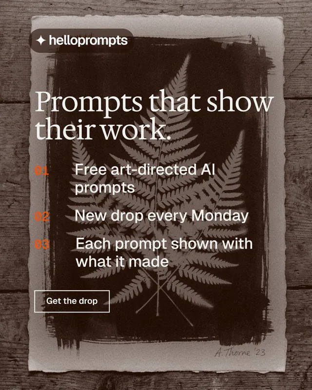 Instagram portrait post for HelloPrompts: "Prompts that show their work." Editorial style, numbered layout, dark palette in black, orange, grey.