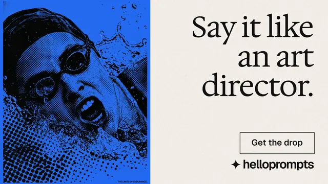 Landscape graphic for HelloPrompts: "Say it like an art director." Editorial style, right layout, light palette in white, blue.