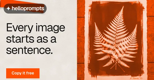 Social ad for HelloPrompts: "Every image starts as a sentence." Swiss style, bottom layout, light palette in orange, brown.