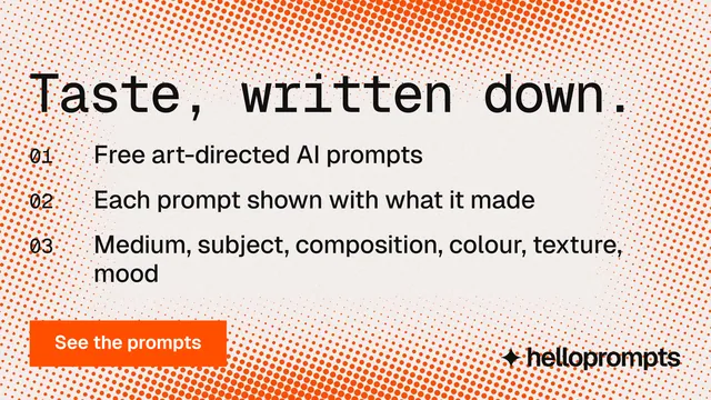 Landscape graphic for HelloPrompts: "Taste, written down." Swiss style, numbered layout, light palette in orange, white.