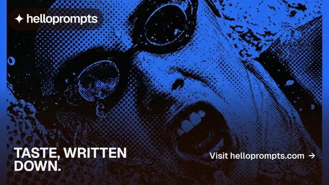 Landscape graphic for HelloPrompts: "Taste, written down." Swiss style, image led layout, dark palette in blue, black.