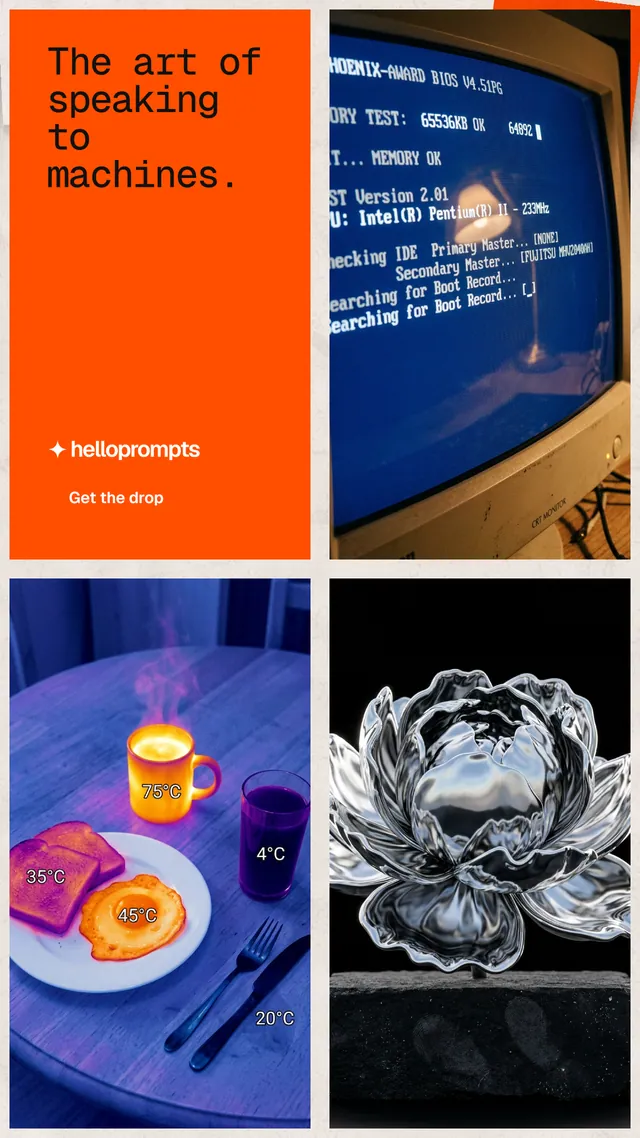 Instagram story for HelloPrompts: "The art of speaking to machines." Swiss style, collage layout, dark palette in blue, red, grey.
