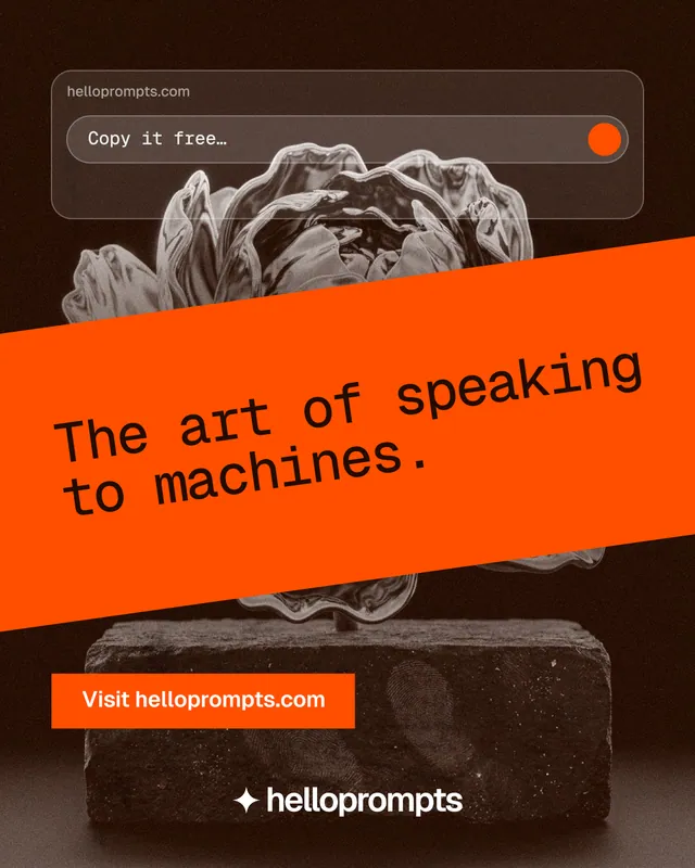 Instagram portrait post for HelloPrompts: "The art of speaking to machines." Swiss style, diagonal layout, dark palette in orange, black, brown.