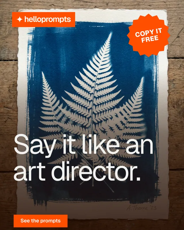 Instagram portrait post for HelloPrompts: "Say it like an art director." Swiss style, sticker layout, dark palette in blue, orange, grey.