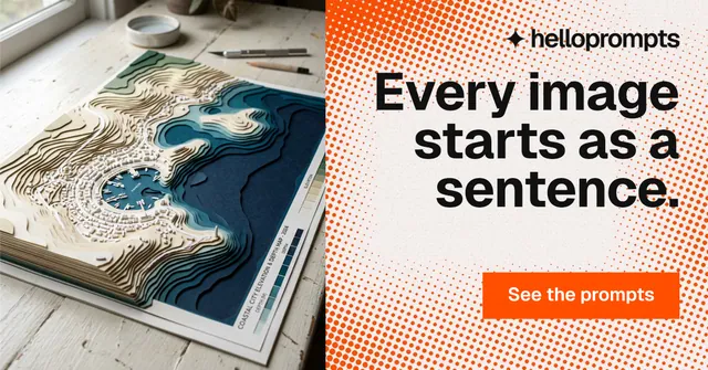 Social ad for HelloPrompts: "Every image starts as a sentence." Split block style, right layout, light palette in orange, grey, white.
