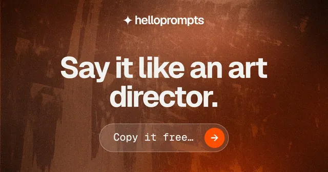 Social ad for HelloPrompts: "Say it like an art director." Agentic glass style, skeleton layout, dark palette in orange, brown.