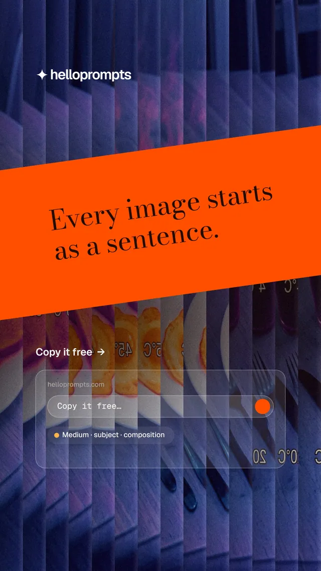 Instagram story for HelloPrompts: "Every image starts as a sentence." Minimal luxury style, diagonal layout, dark palette in purple, blue, grey.