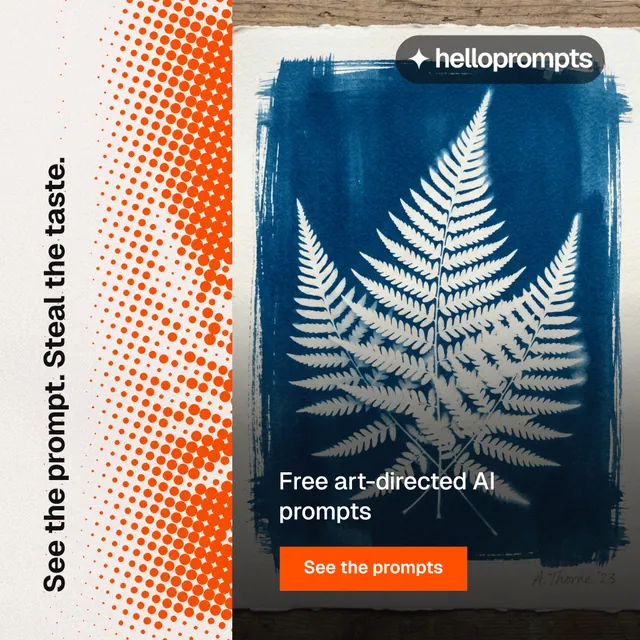 Instagram post for HelloPrompts: "See the prompt. Steal the taste." Swiss style, vertical layout, light palette in blue, orange, white.