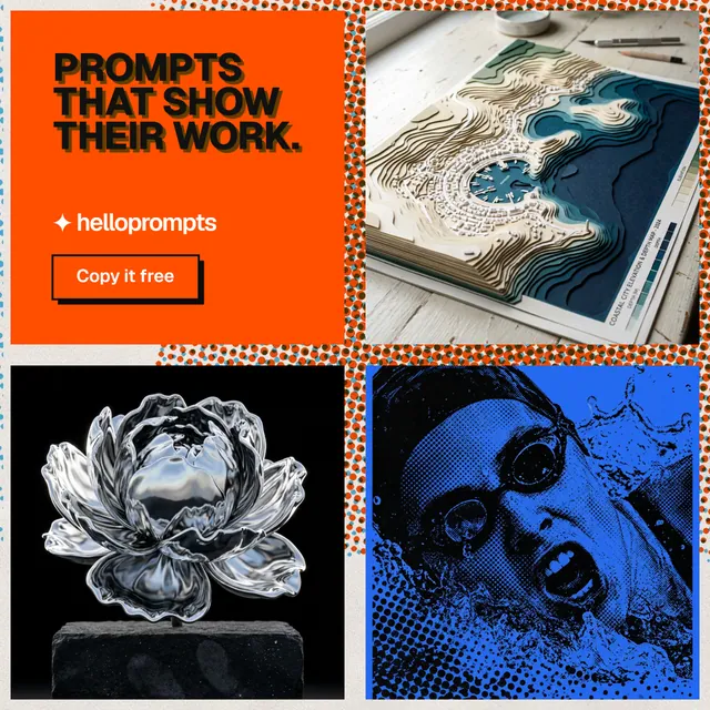 Instagram post for HelloPrompts: "Prompts that show their work." Brutalist style, collage layout, dark palette in black, red, grey.