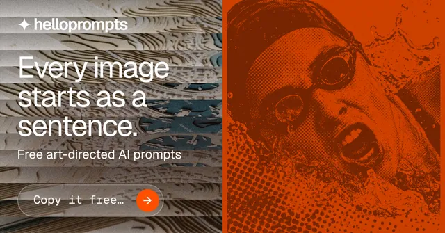 Social ad for HelloPrompts: "Every image starts as a sentence." Agentic glass style, bottom layout, dark palette in orange, grey, brown.