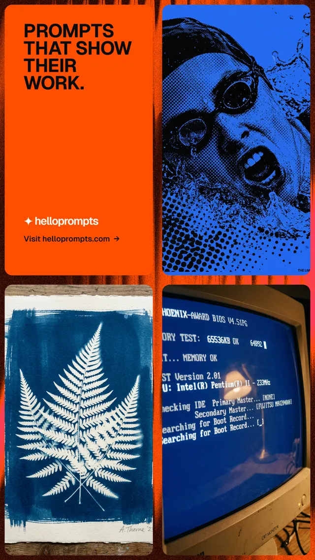Instagram story for HelloPrompts: "Prompts that show their work." Agentic glass style, collage layout, dark palette in blue, orange, red.