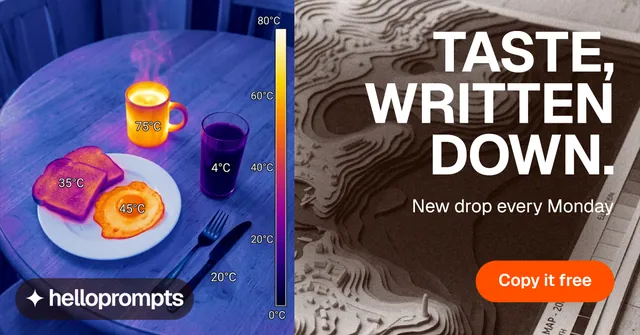 Social ad for HelloPrompts: "Taste, written down." Photo poster style, right layout, dark palette in blue, grey, purple.