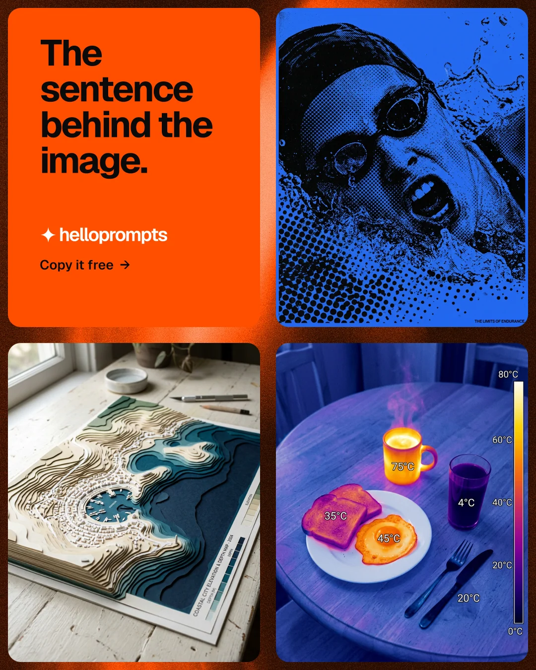 Instagram portrait post for HelloPrompts: "The sentence behind the image." Agentic glass style, collage layout, dark palette in blue, red, grey.